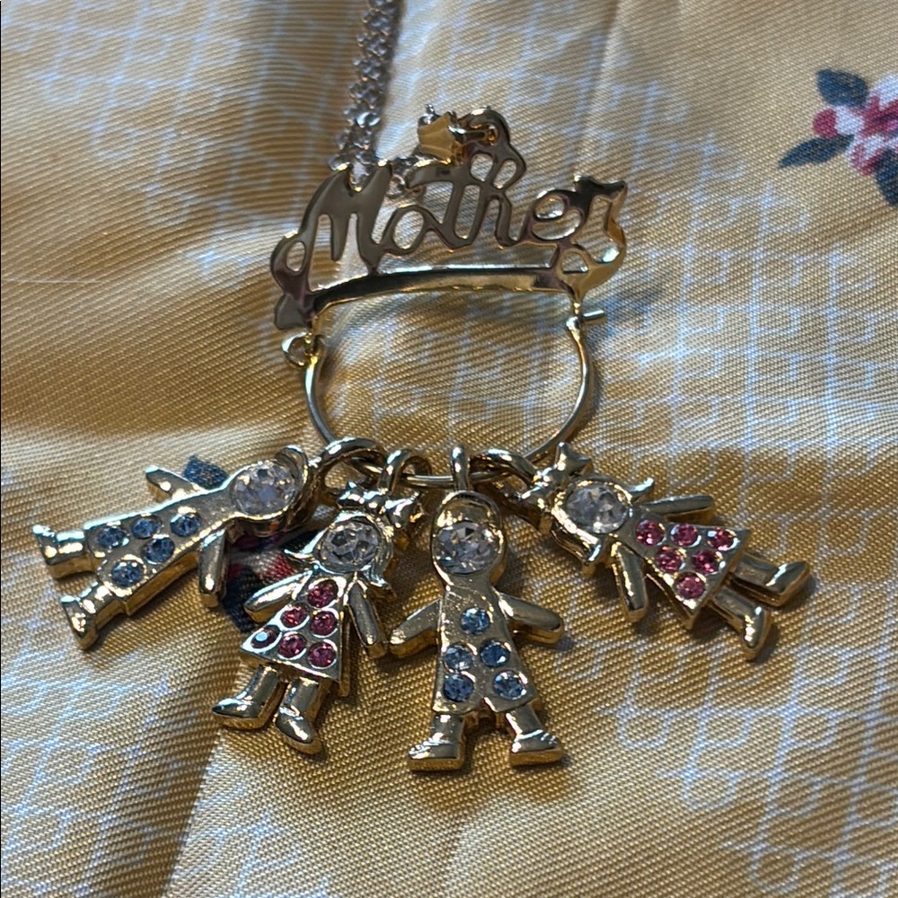 Gold 'Mother' Pendant Necklace with Gem Accents